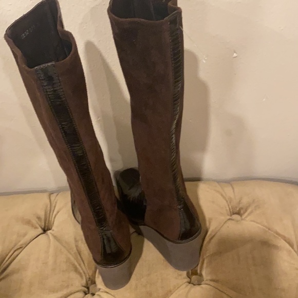 Donald J pliner brown suede and patent leather wedge boots size 7.5